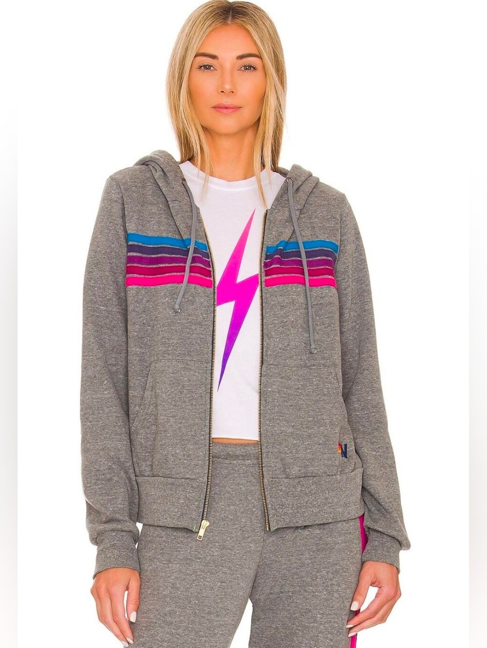 Aviator Nation 5 Stripe Zip Hoodie – Heather Grey & Pink Purple - Small